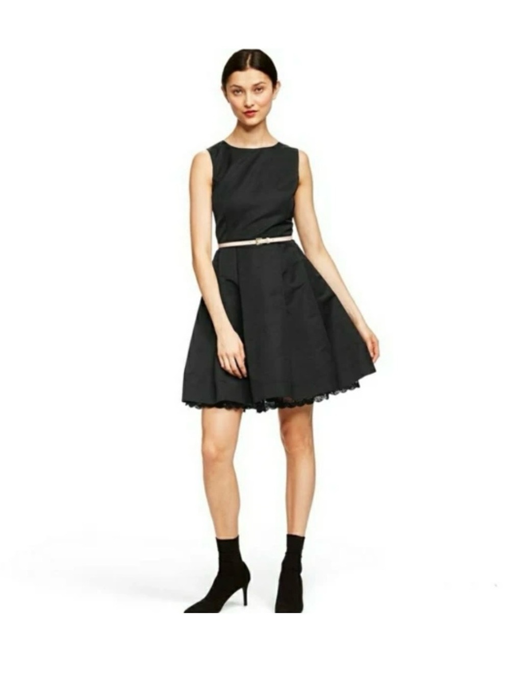 Jason Wu Black Sleeveless Flared Mini Dress with Scalloped Lace Trim